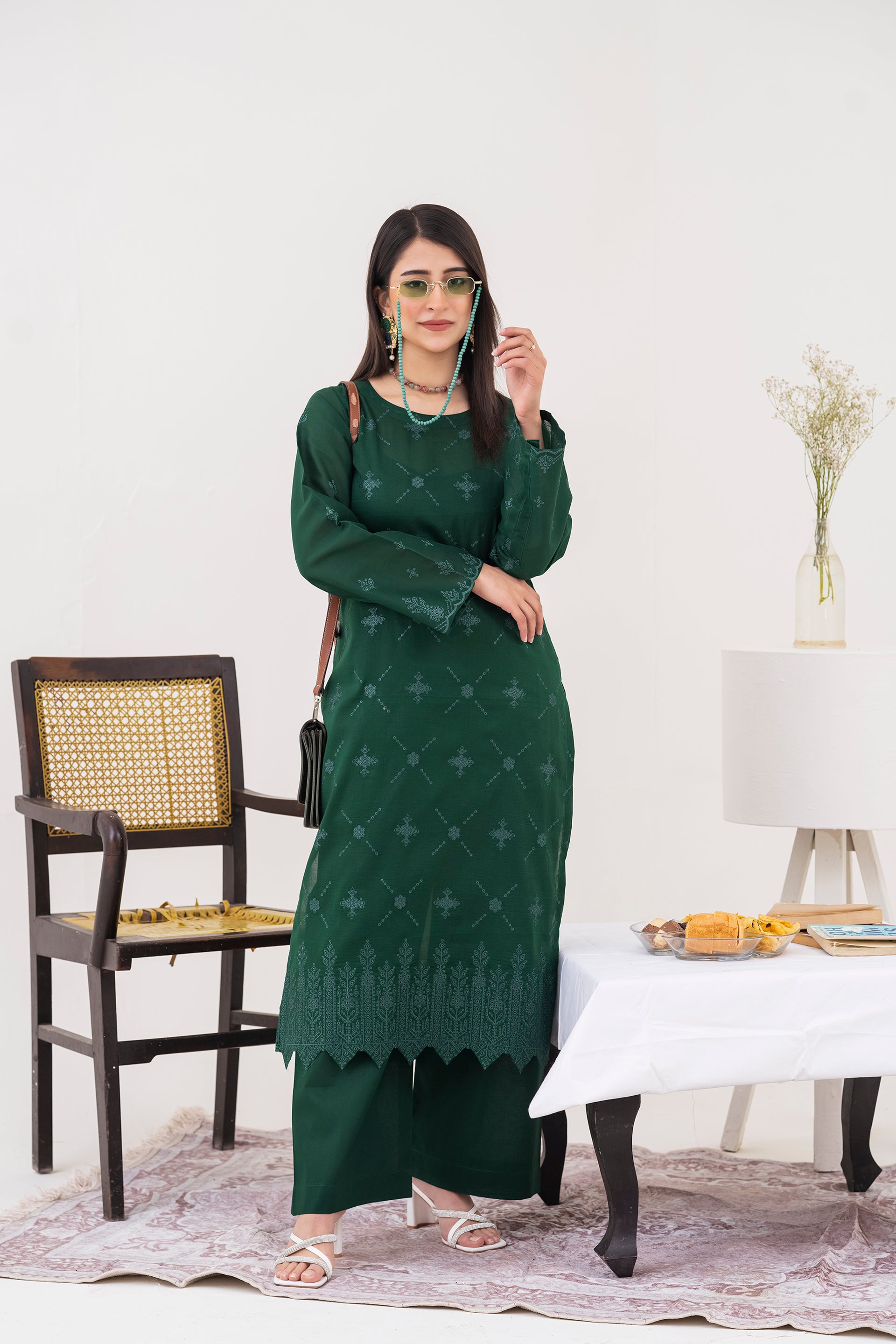 2PC LAWN EMBROIDERED SUIT BY CHICKENKARI - C-BOTTLE GREEN