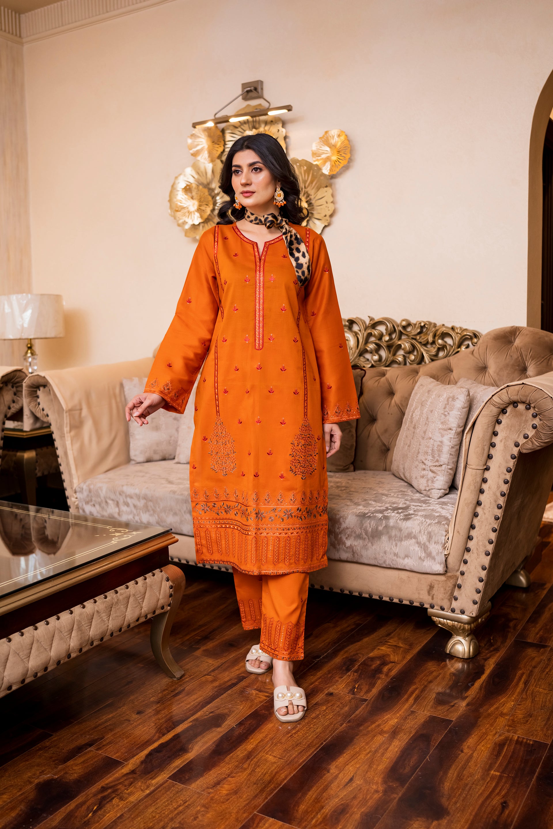 2PC LAWN EMBROIDERED SUIT BY NOURA - N-ORANGE