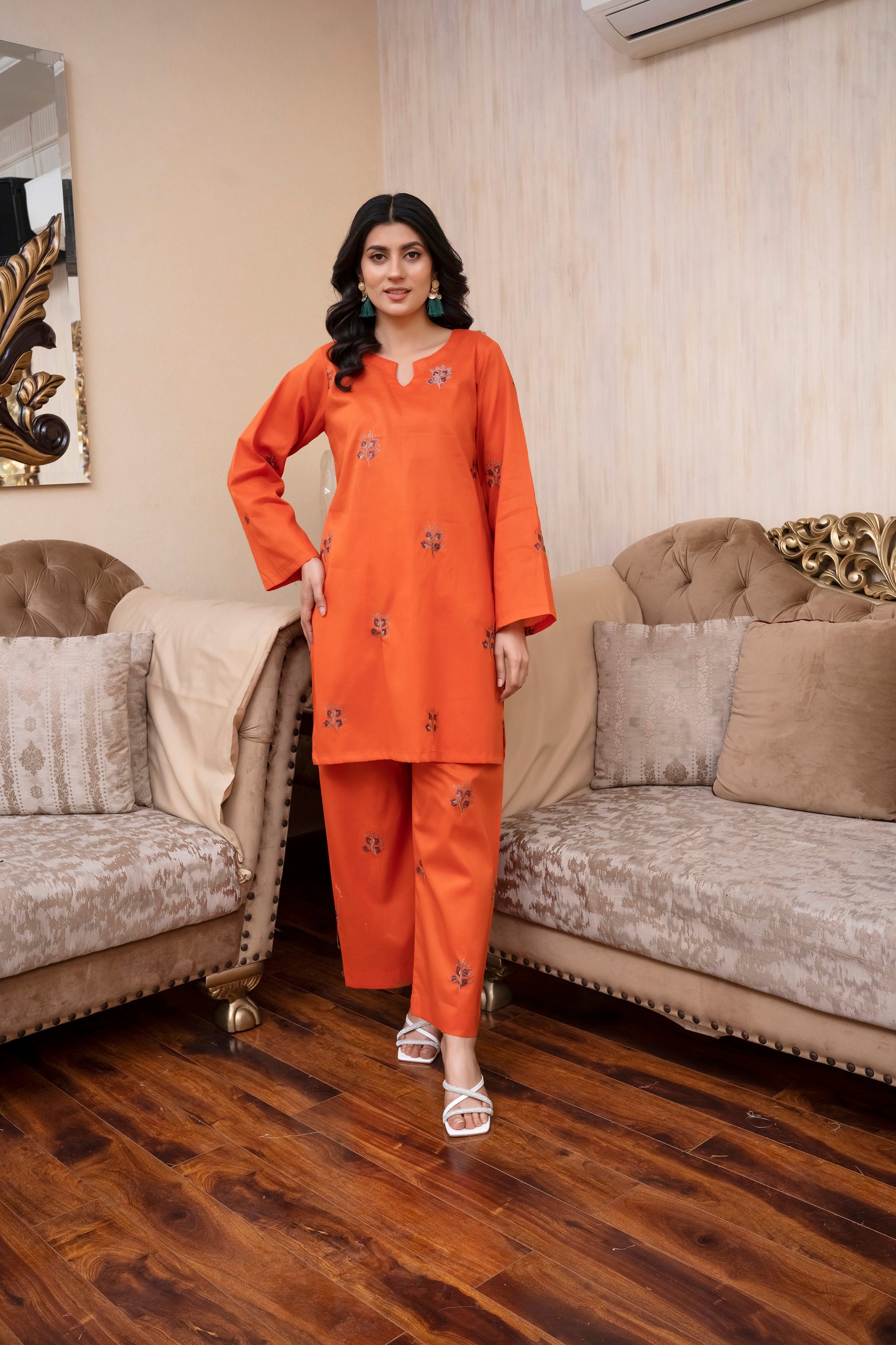 2PC LAWN EMBROIDERED UNSTICH SUIT BY ALIZEH - A-ORANGE