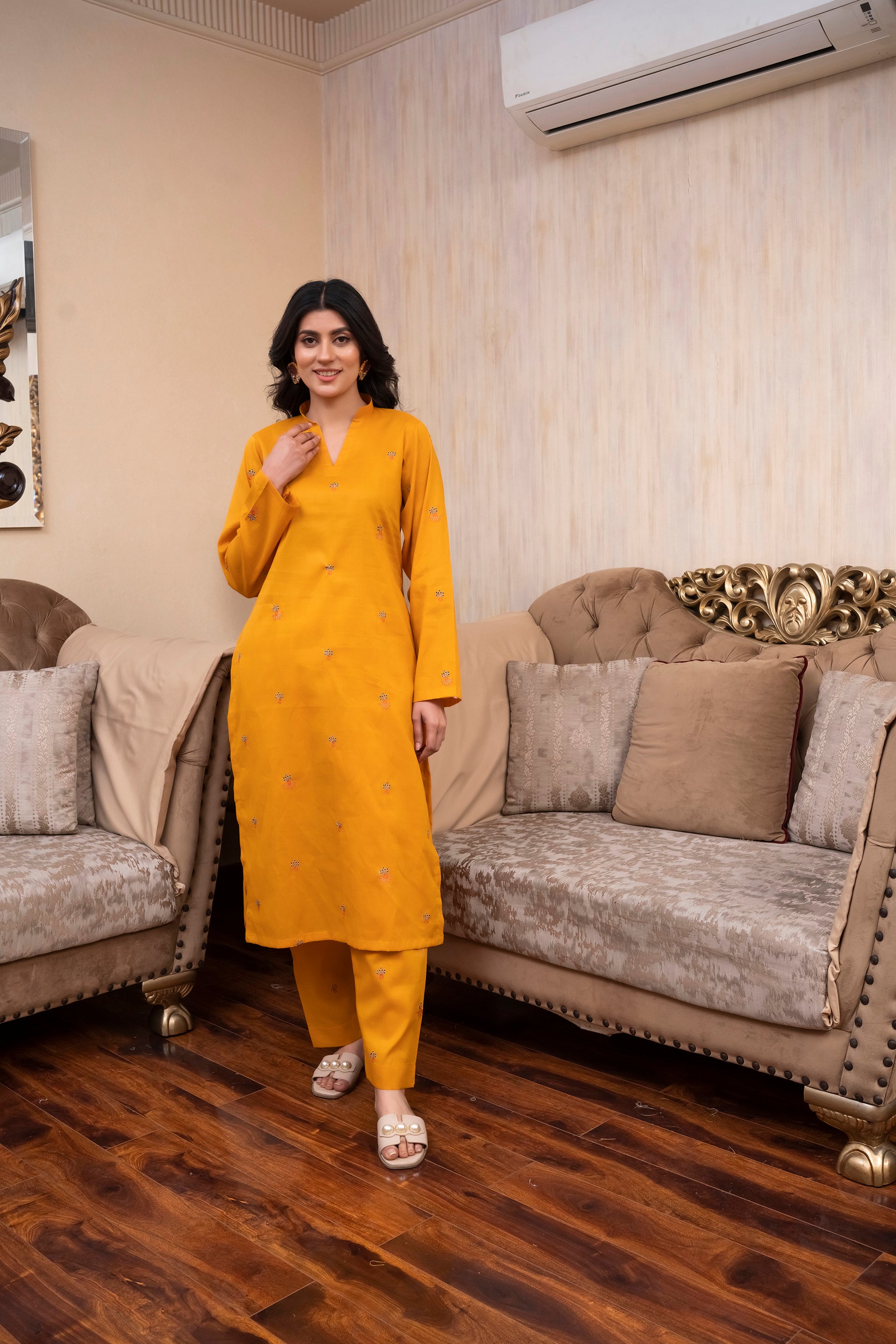 2PC LAWN EMBROIDERED UNSTICH SUIT BY ALIZEH - A-YELLOW