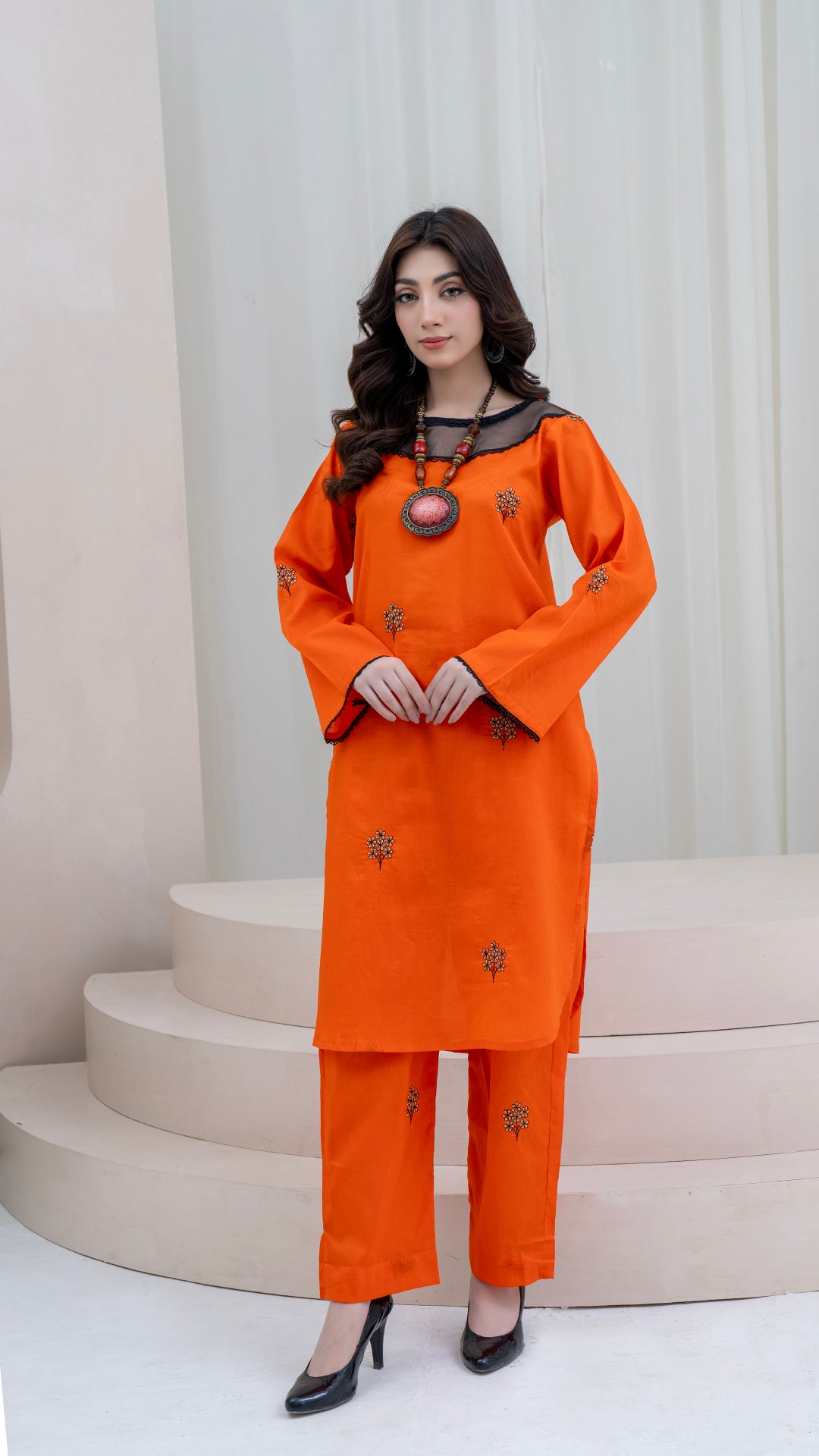 2PC LAWN EMBROIDERED UNSTICH SUIT BY ALIZEH - A-ORANGE2