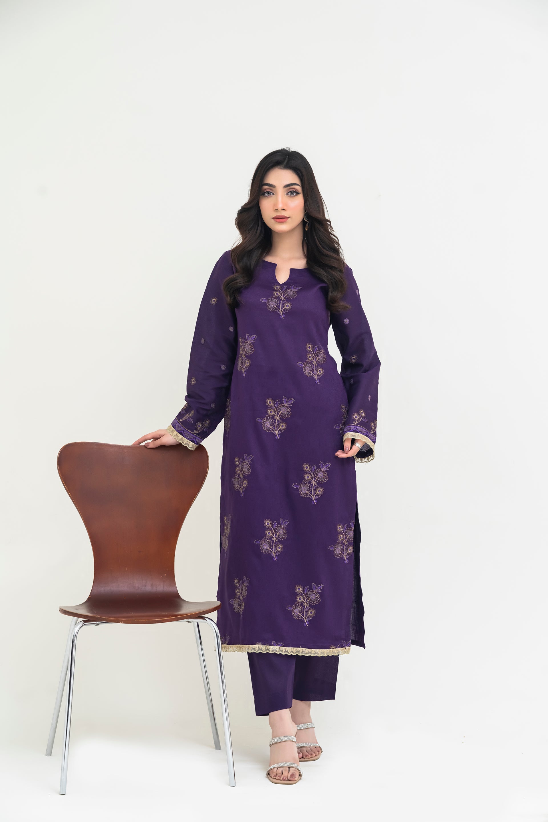 2PC JACQUARD EMBROIDERED SUIT - J-PURPLE