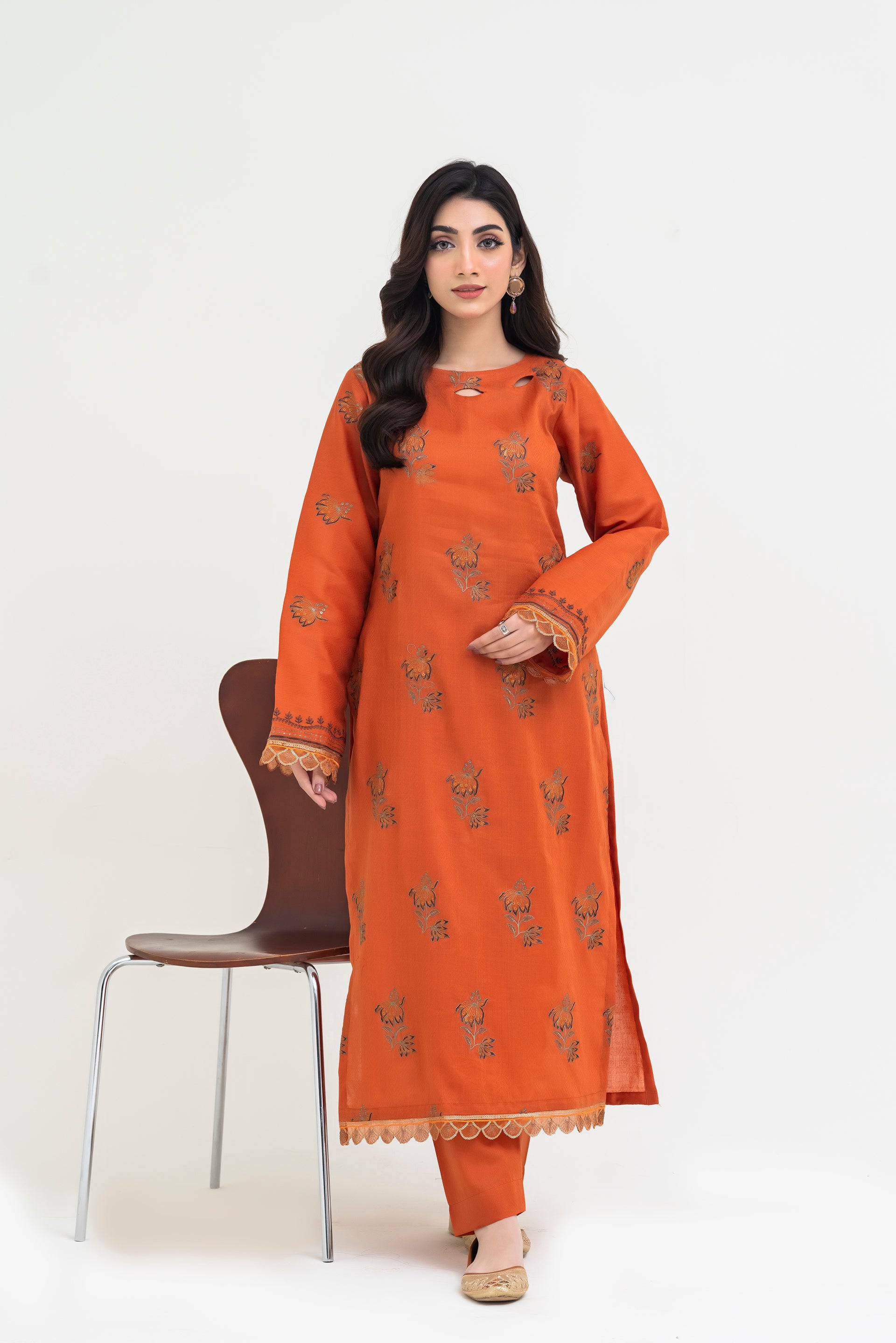 2PC JACQUARD EMBROIDERED SUIT - J-ORANGE