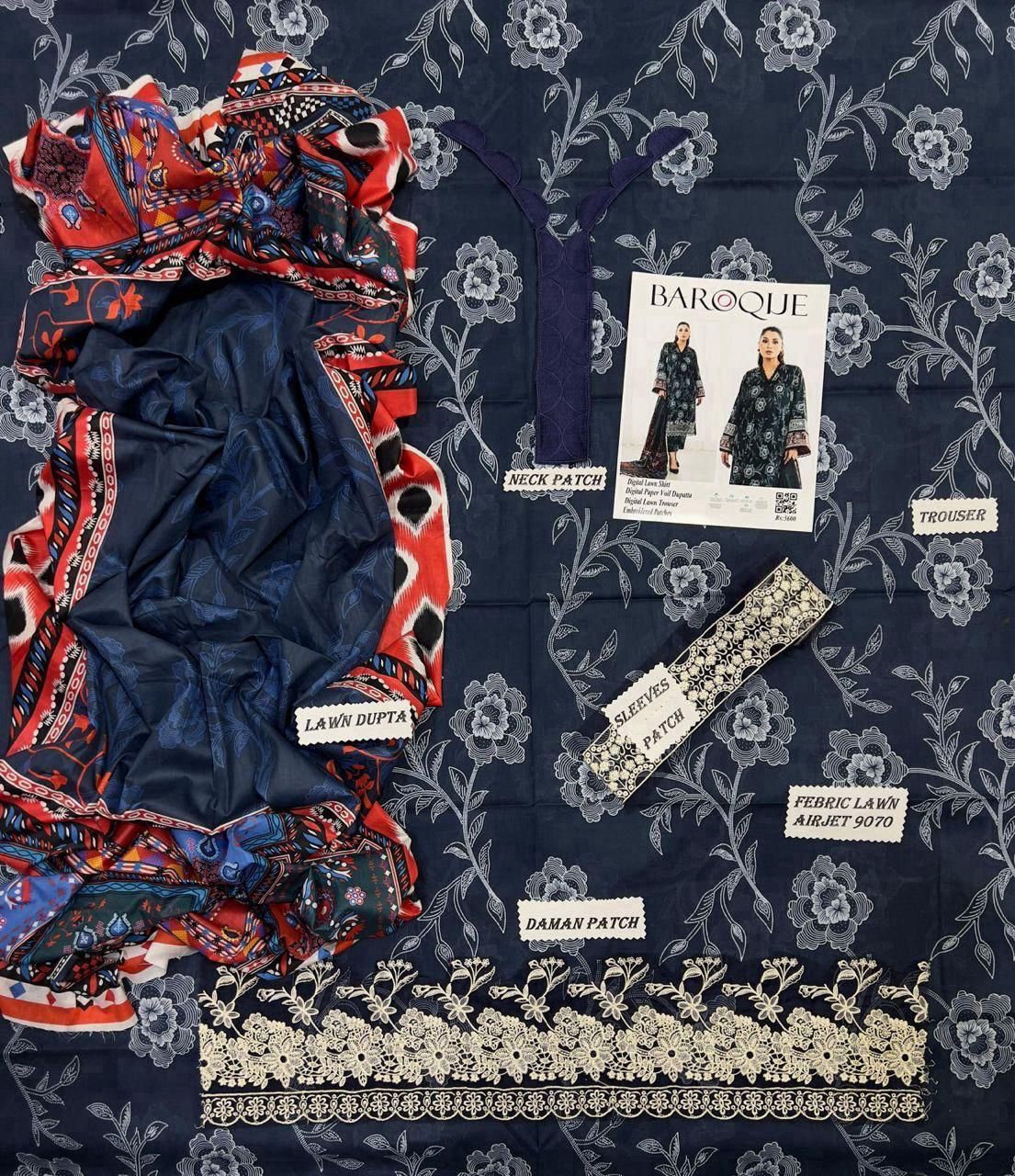 Baroque Lawn 3-Piece Unstiched With Embroidered Patches