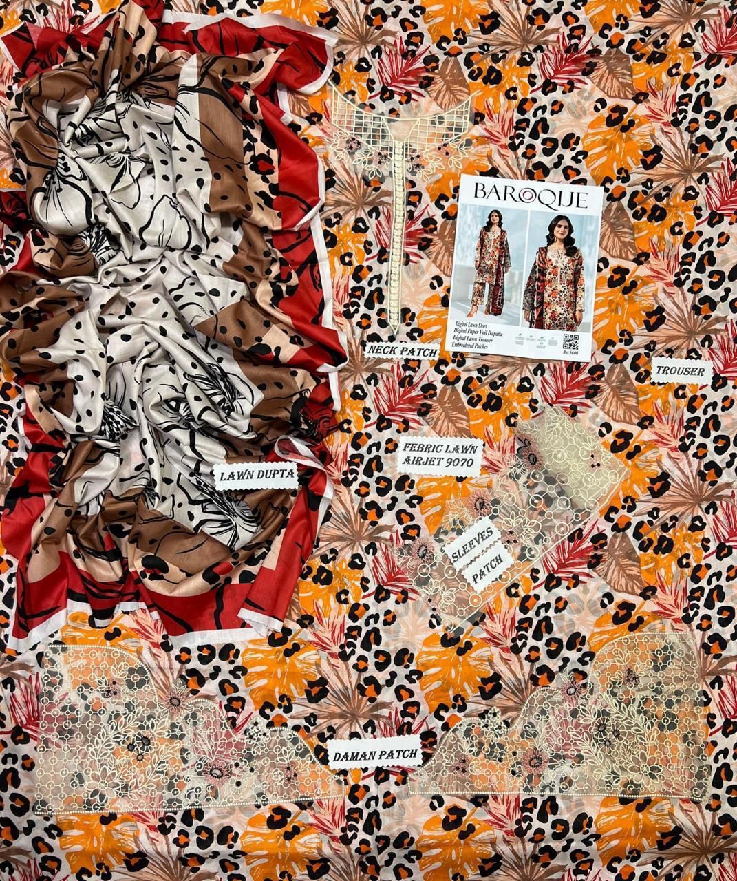 Baroque Lawn 3-Piece Unstiched With Embroidered Patches