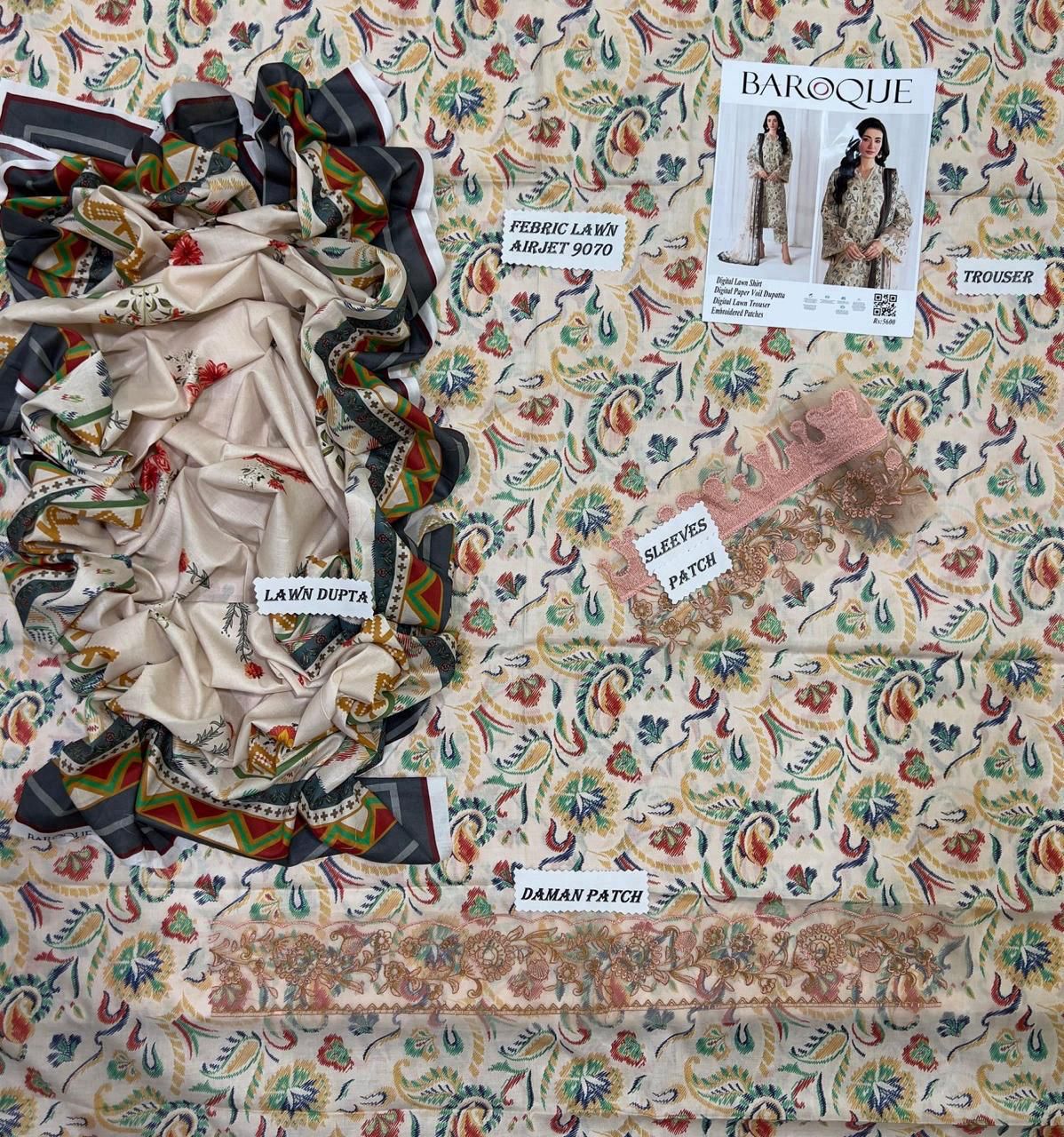 Baroque Lawn 3-Piece Unstiched With Embroidered Patches