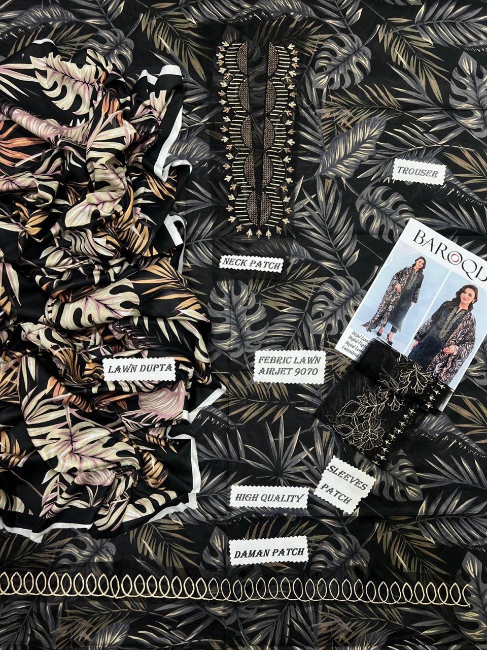 Baroque Lawn 3-Piece Unstiched With Embroidered Patches
