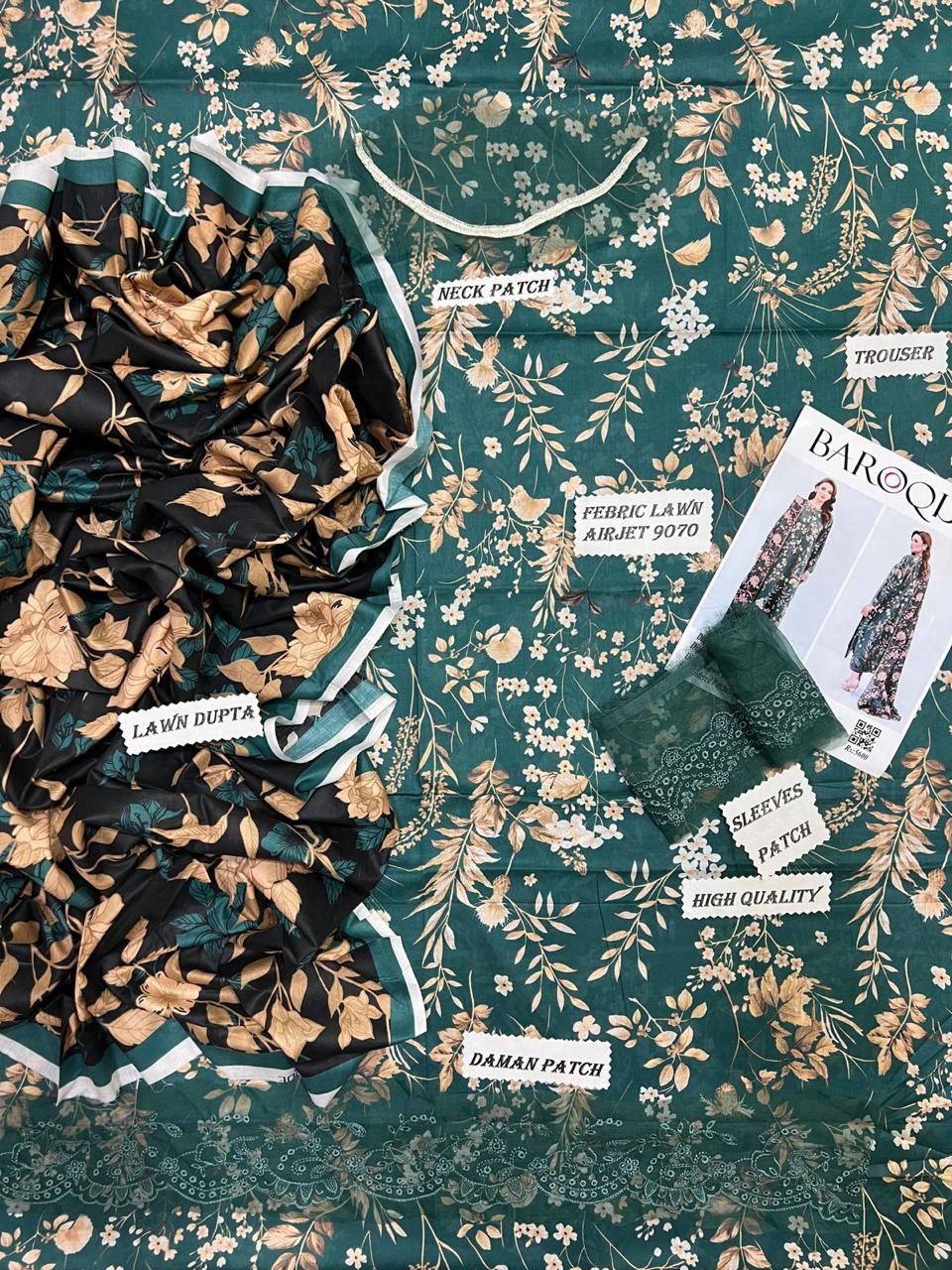 Baroque Lawn 3-Piece Unstiched With Embroidered Patches