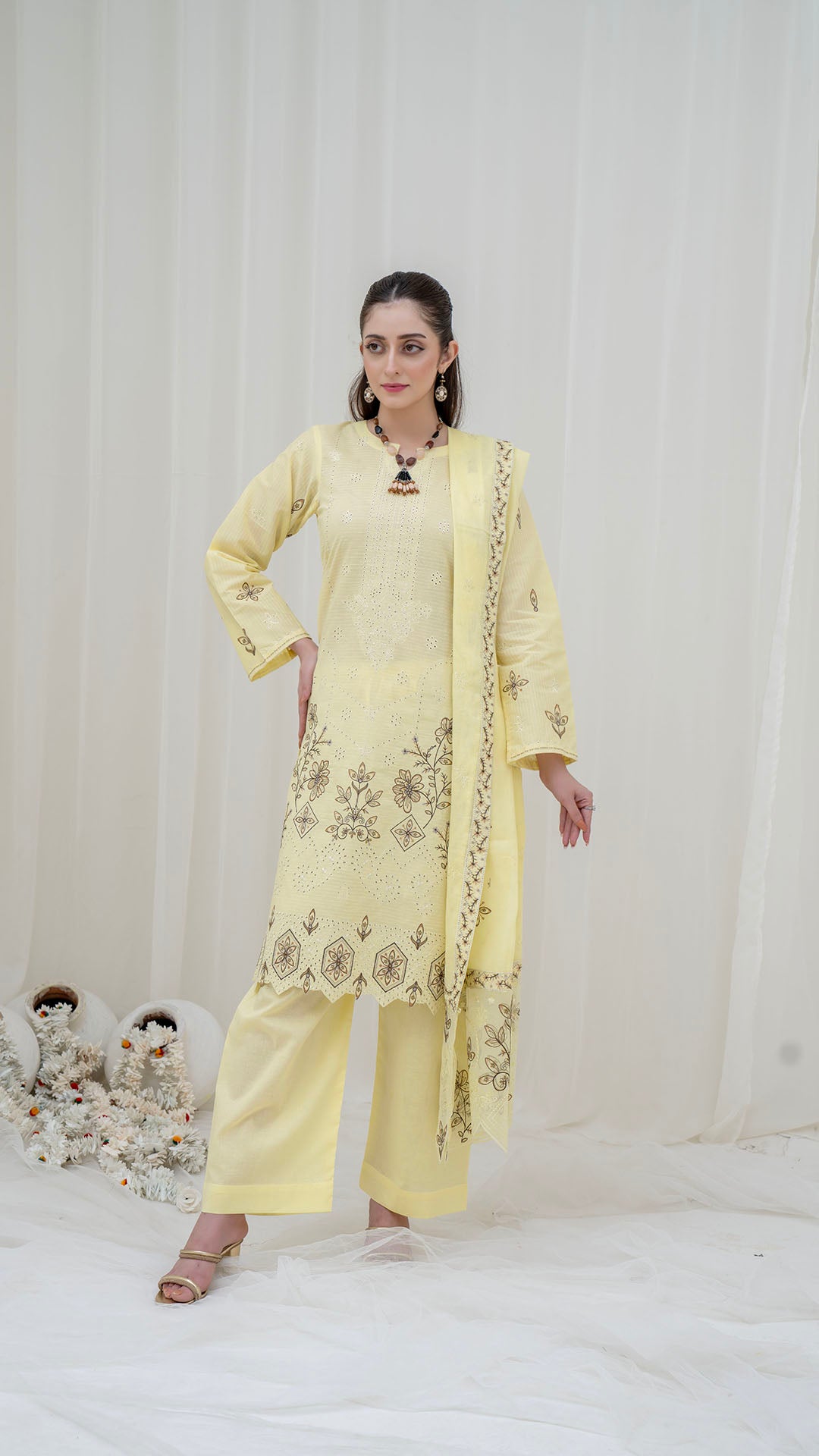 YELLOW IRIS - 3PC LAWN EMBROIDERED SUIT WITH VOILE EMBROIDERED DUPATTA BY NAZAKAT