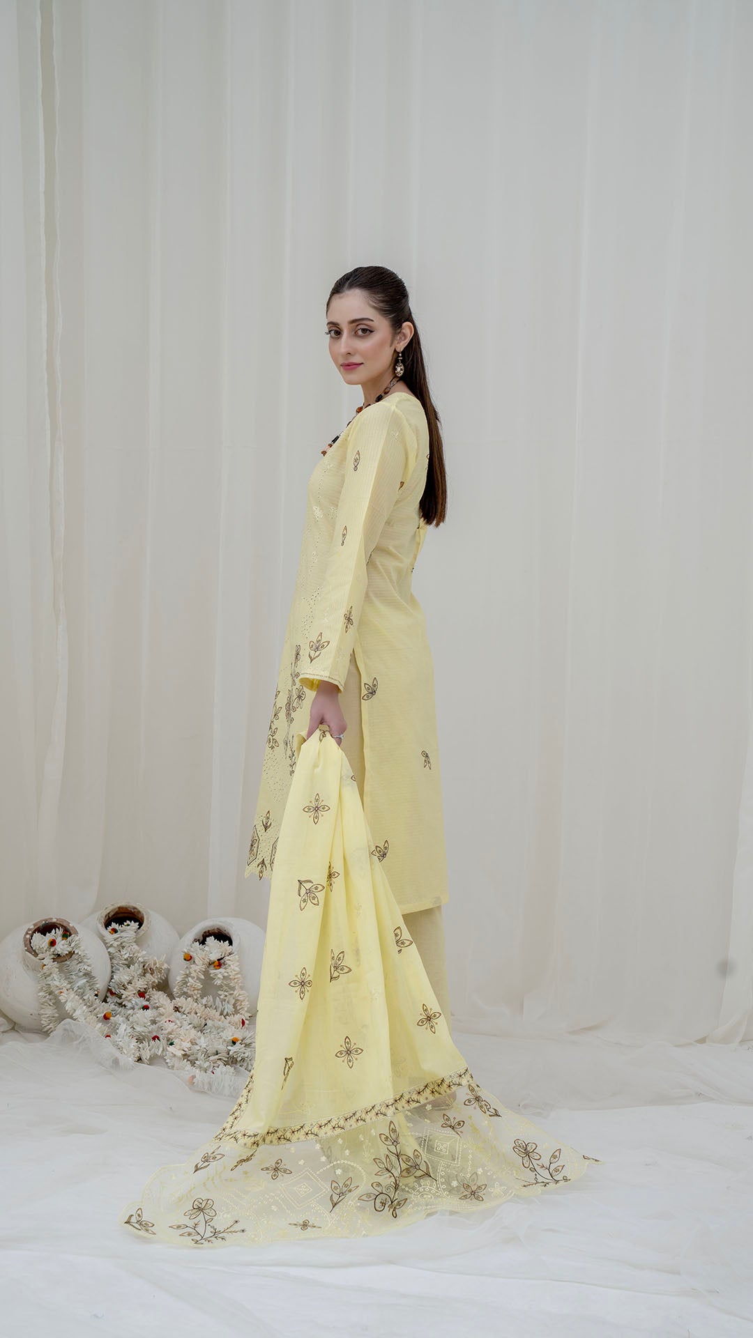 YELLOW IRIS - 3PC LAWN EMBROIDERED SUIT WITH VOILE EMBROIDERED DUPATTA BY NAZAKAT