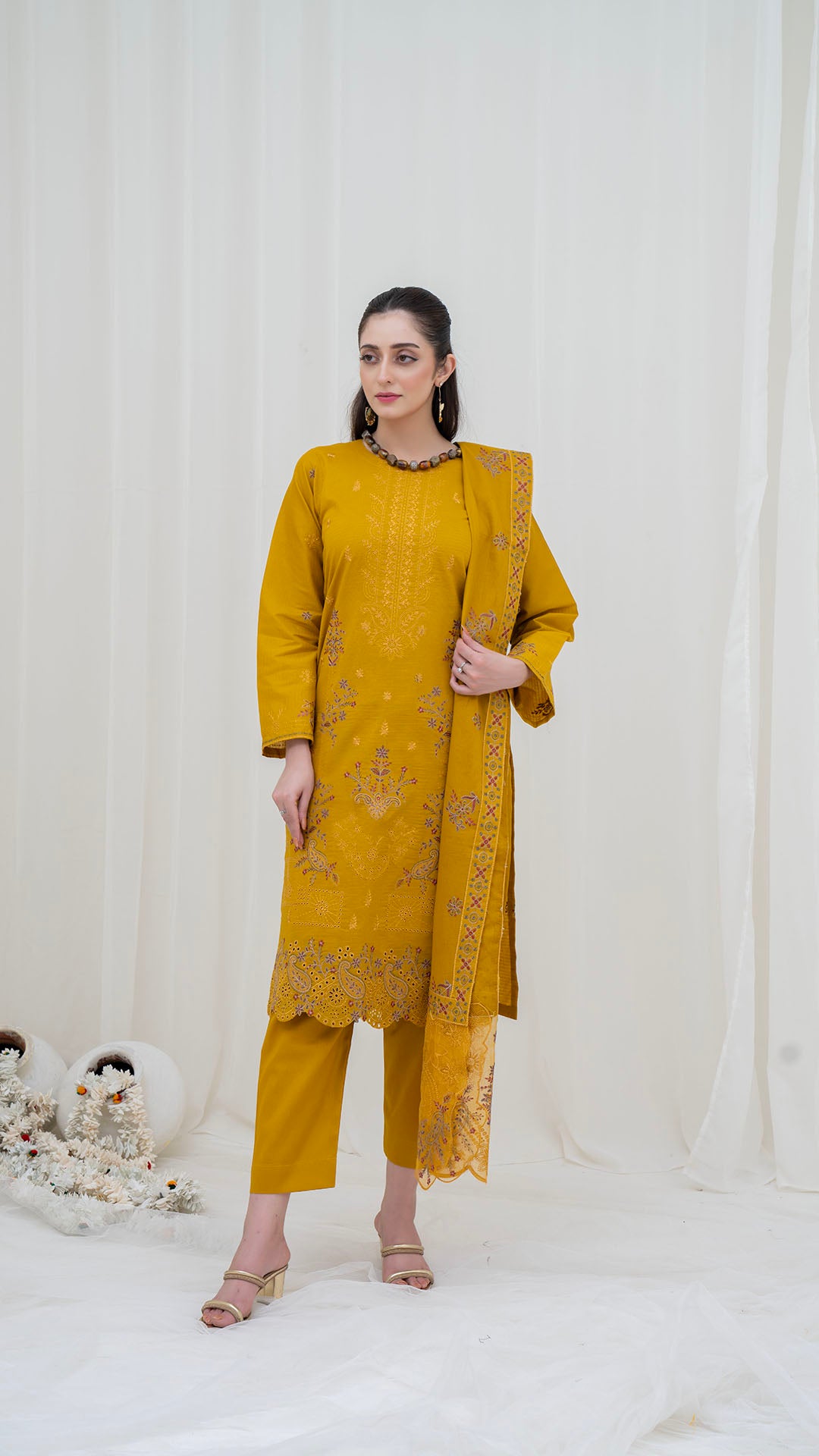 MUSTARD - 3PC LAWN EMBROIDERED SUIT WITH VOILE EMBROIDERED DUPATTA BY NAZAKAT