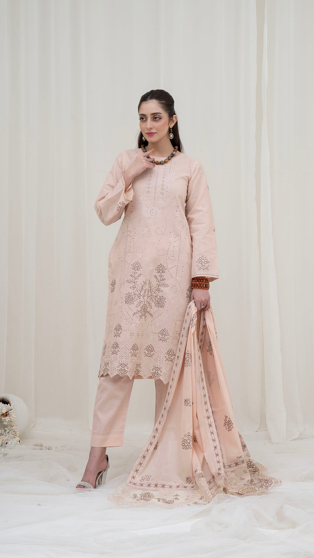 IVORY - 3PC LAWN EMBROIDERED SUIT WITH VOILE EMBROIDERED DUPATTA BY NAZAKAT