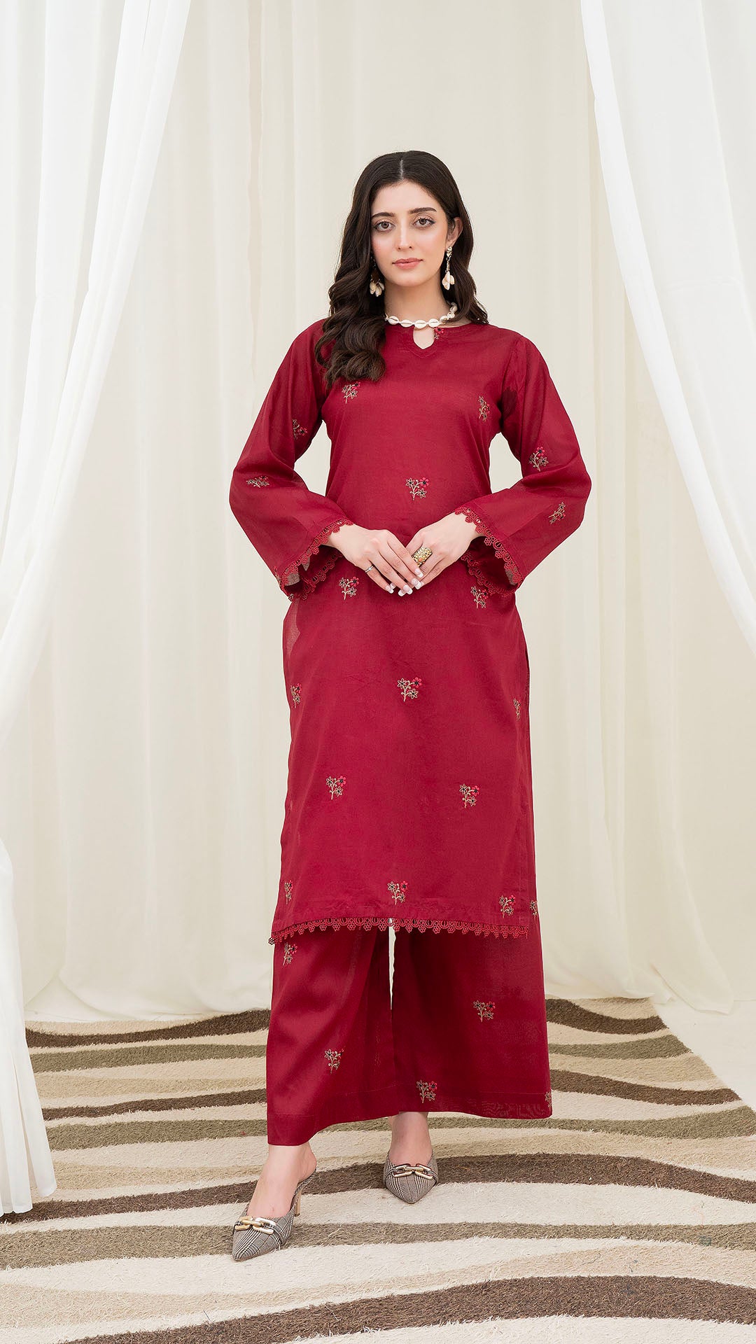 2PC LAWN EMBROIDERED UNSTICH SUIT BY ALIZEH - A-MEHROON2