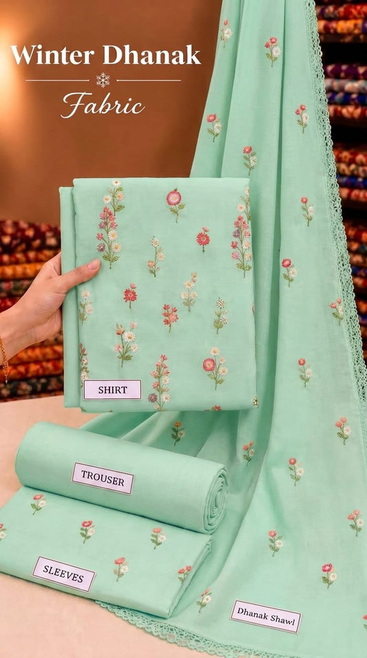 Indian Booti Dhanak Embroidered 3-Piece Un-Stiched (Sea Green)