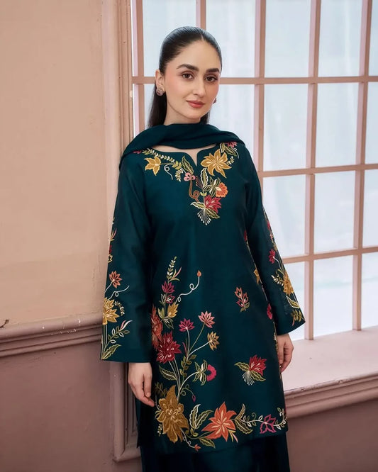 Silai Karhai Dhanak Embroidered 3-Piece Un-Stiched