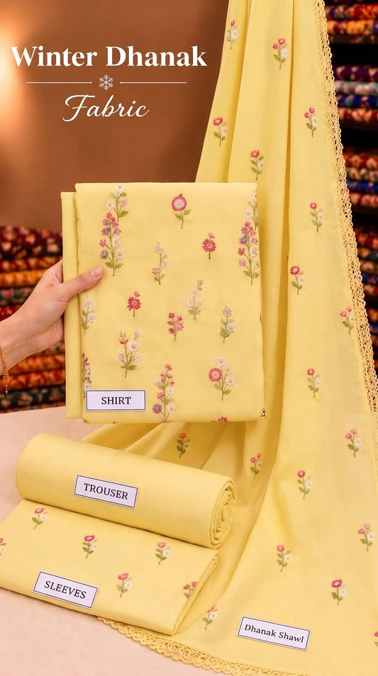 Indian Booti Dhanak Embroidered 3-Piece Un-Stiched (Yellow)