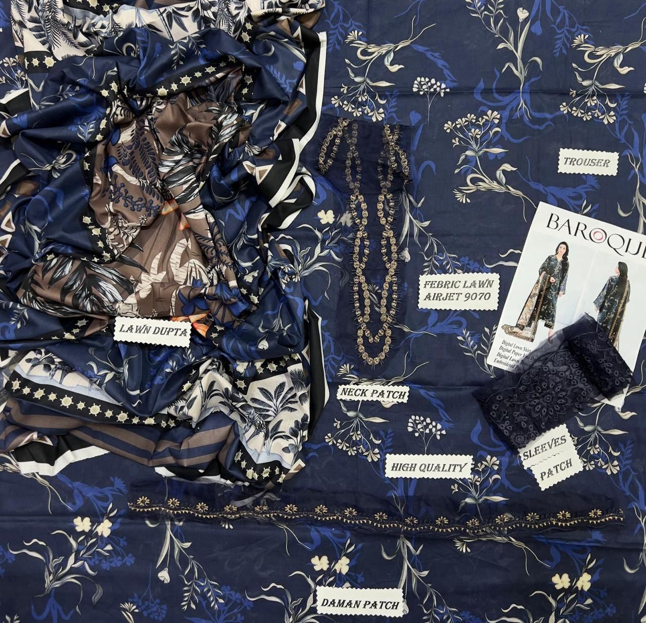 Baroque Lawn 3-Piece Unstiched With Embroidered Patches